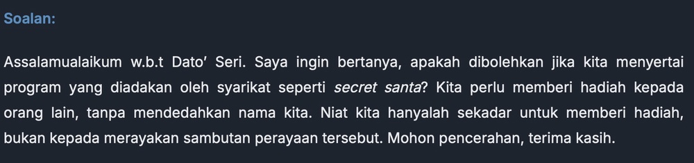 Image from: Ex-Religious Affairs Minister: Haram for Muslims to join 'Secret Santa', even if intention is merely to give presents 