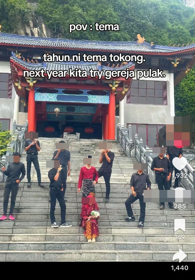 Image from: “Disrespectful!" – Malaysian couple's Ipoh Chinese temple wedding photoshoot draws flak over smoking groom & groomsmen