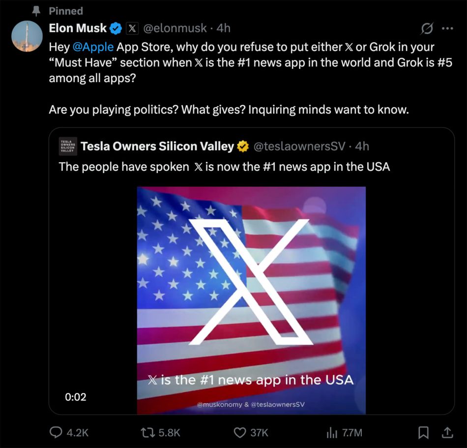 Samean Apple Elon Musk Ingin Saman Apple Kerana X dan Grok Tidak Disenaraikan ...