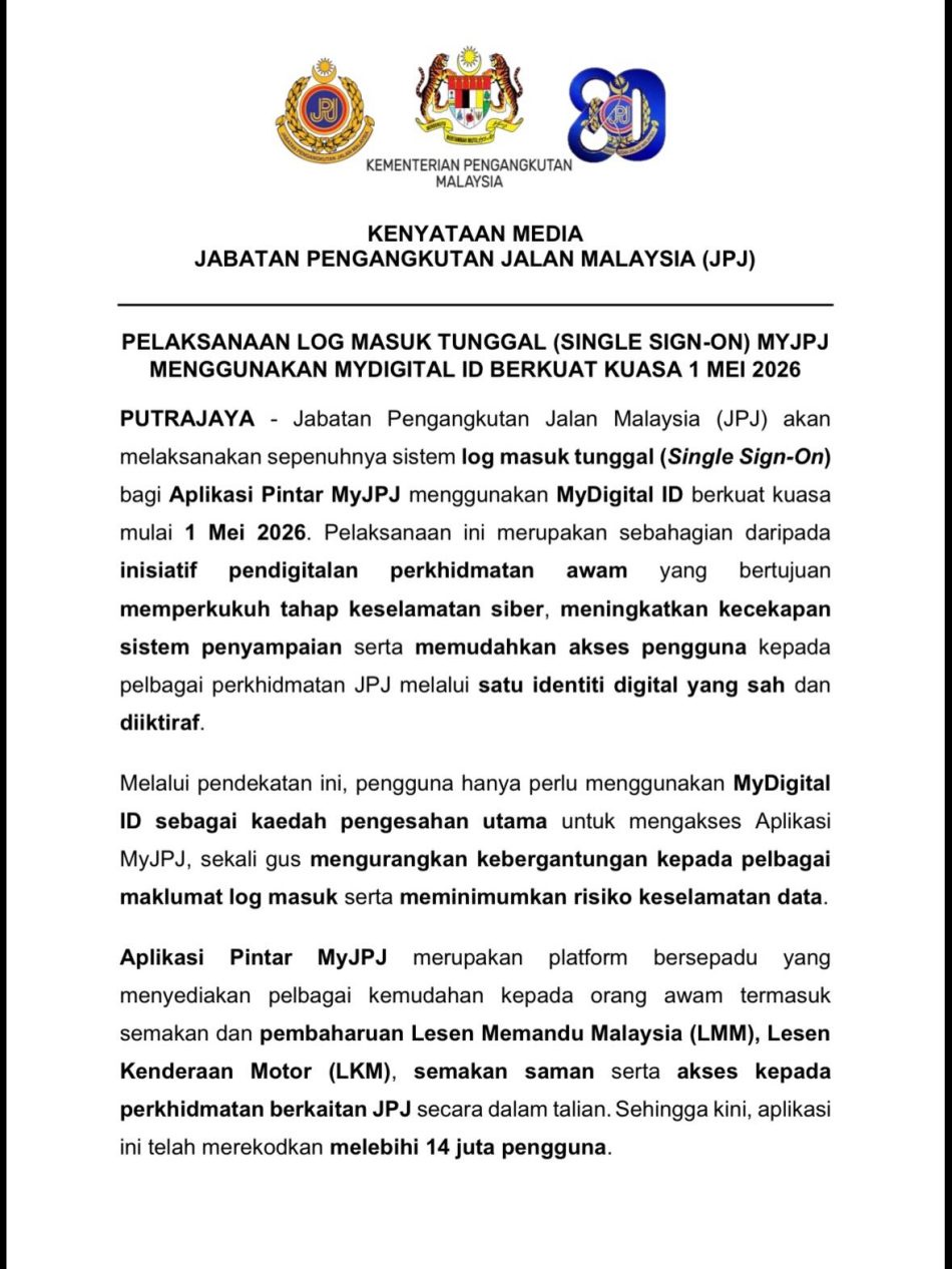 Image from: Pelaksanaan Penuh MyDigital ID Bagi Log Masuk MyJPJ Berkuat Kuasa 1 Mei 2026