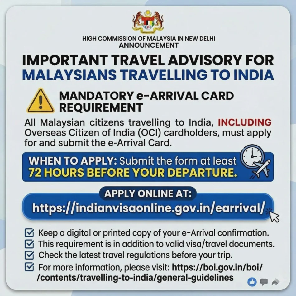 Image from: Rakyat Malaysia Yang Melancong Ke India Wajib Kemukakan Kad e-Ketibaan