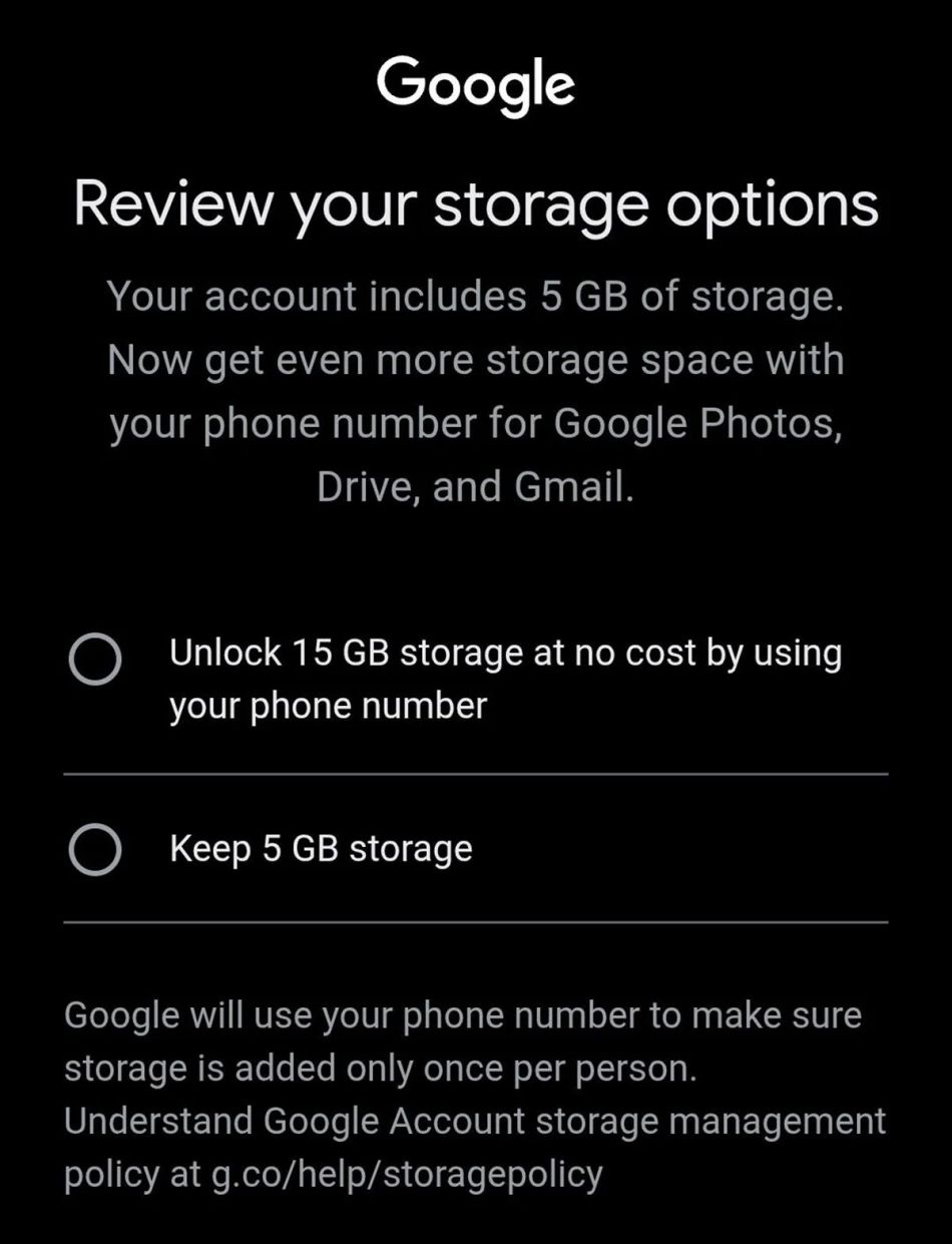Image from: Google Beri Storan Percuma 5GB Sahaja Jika Akaun Tidak Disahkan Dengan Nombor Telefon