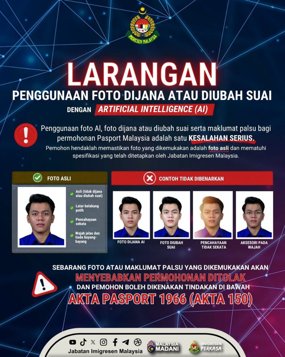 Image from: Pemohon Pasport Malaysia Dilarang Menggunakan Gambar Yang Dijana Atau Diubah Suai AI