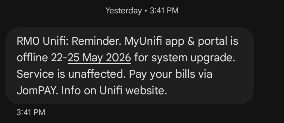 Image from: Aplikasi Dan Portal MyUnifi Diselenggara Dari 22 Ke 25 Mei – Perkhidmatan Internet Tidak Terjejas