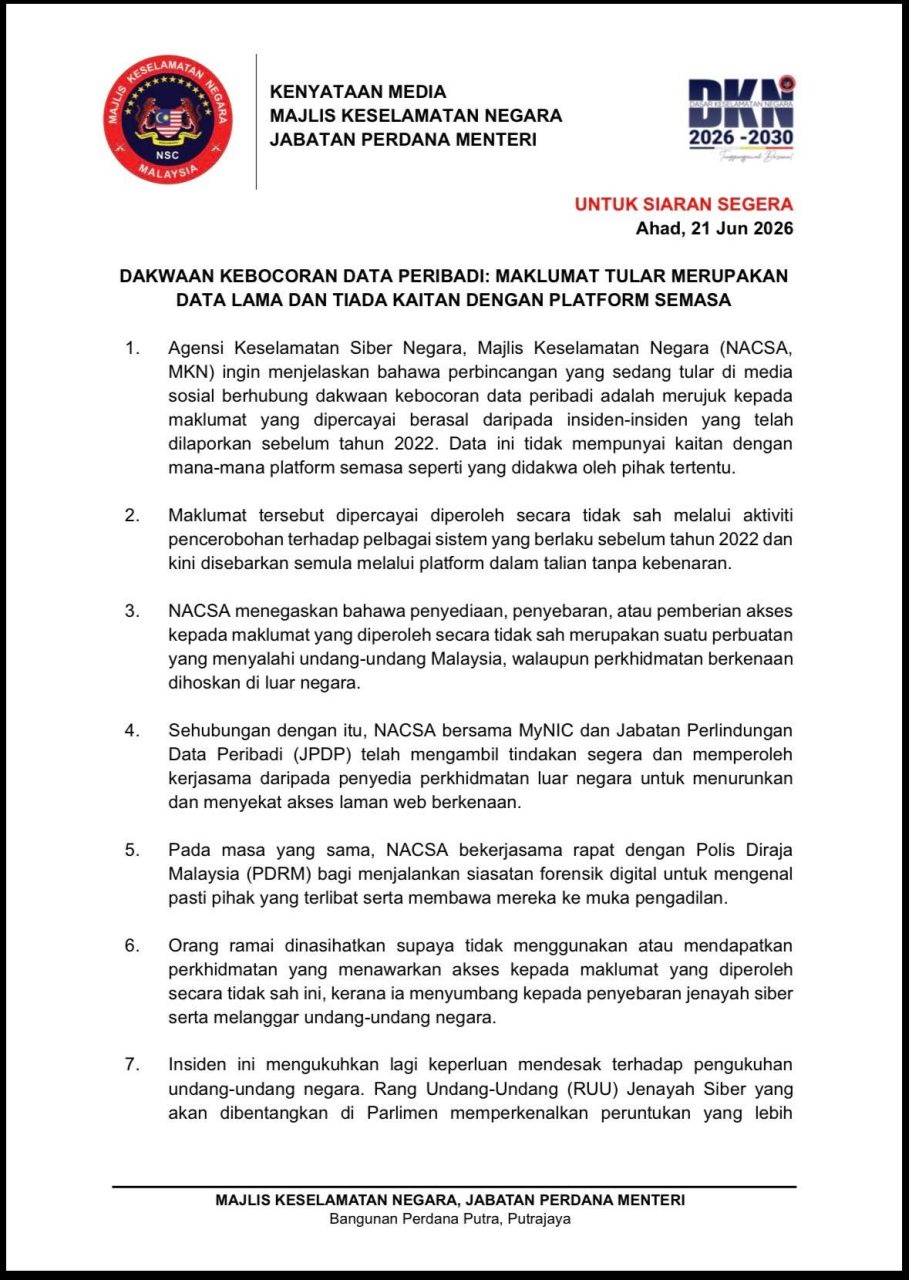 Image from: MKN – Dakwaan Kebocoran Maklumat Peribadi Yang Tular Adalah Tidak Benar