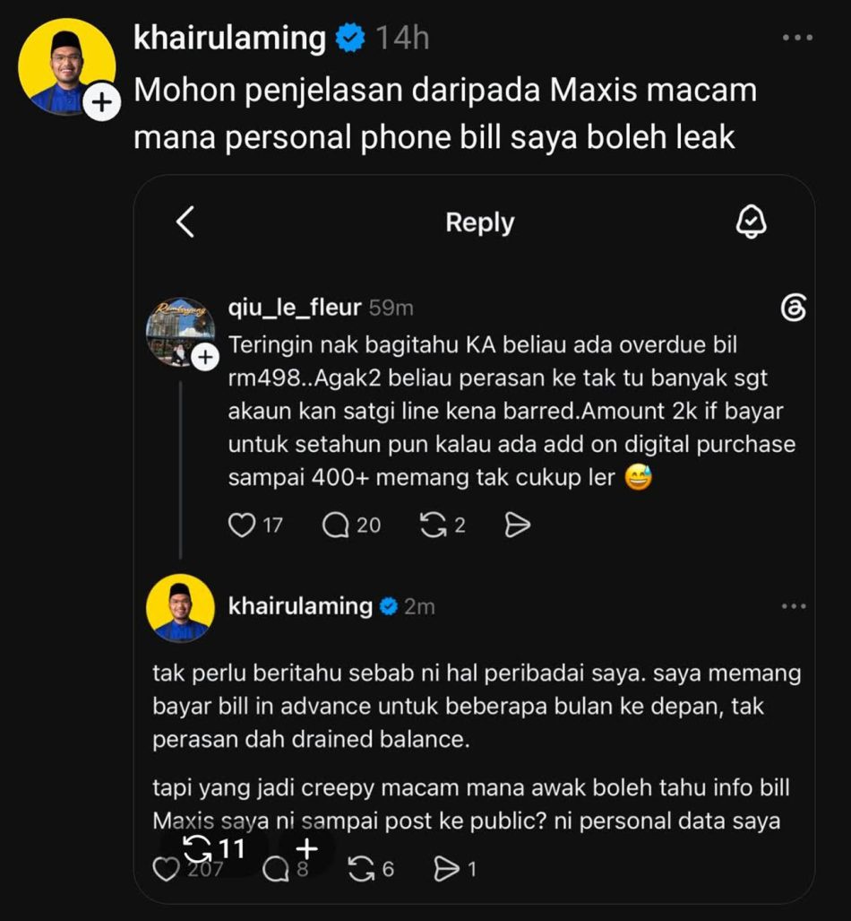 Image from: Maxis Ambil Tindakan Atas Individu Yang Bocorkan Maklumat Peribadi Khairul Aming