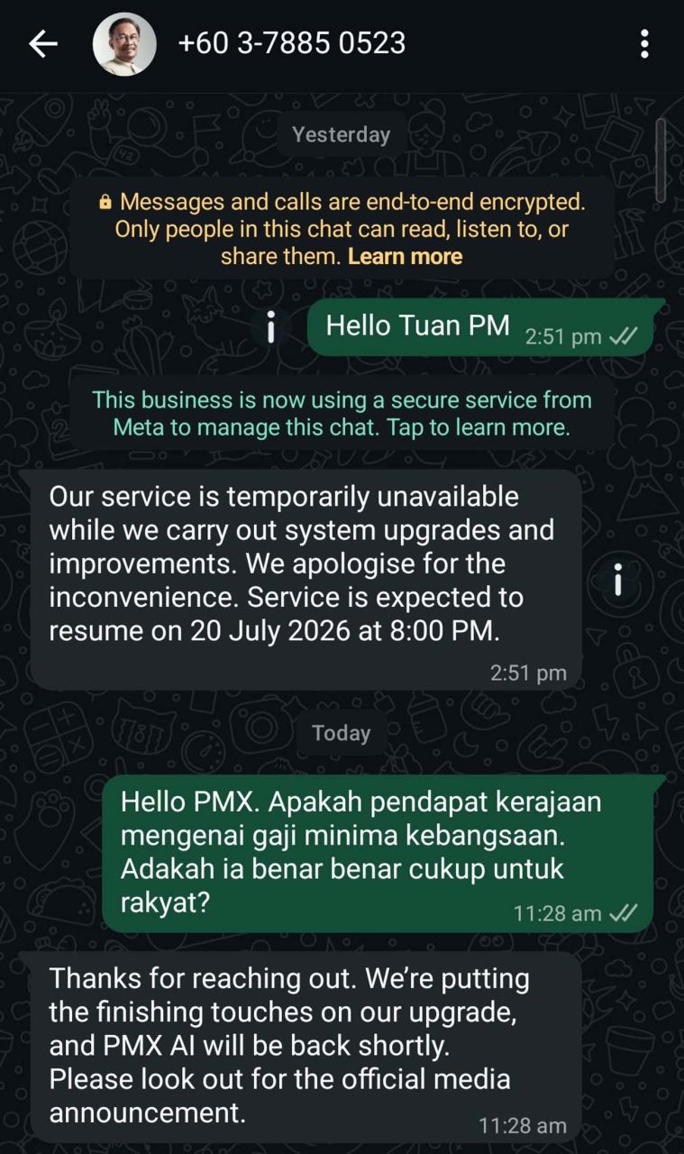 Image from: Chatbot PMX AI Masih Tergendala Walaupun Sepatutnya Pulih Semalam