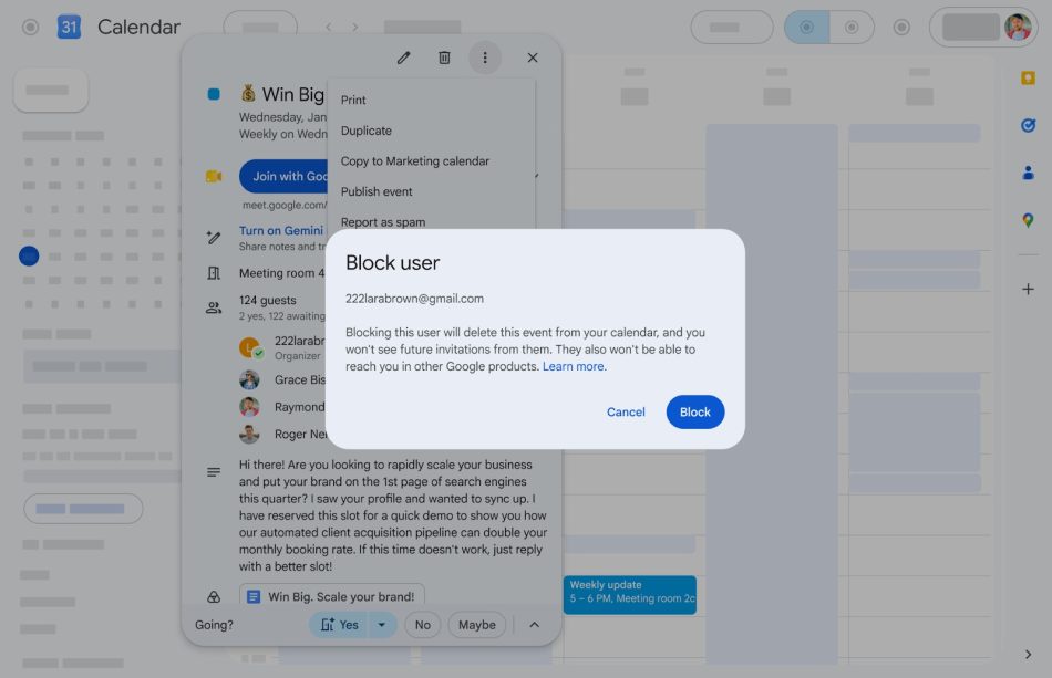 Image from: Google Calendar Membenarkan Pengguna Menyekat Jemputan Spam