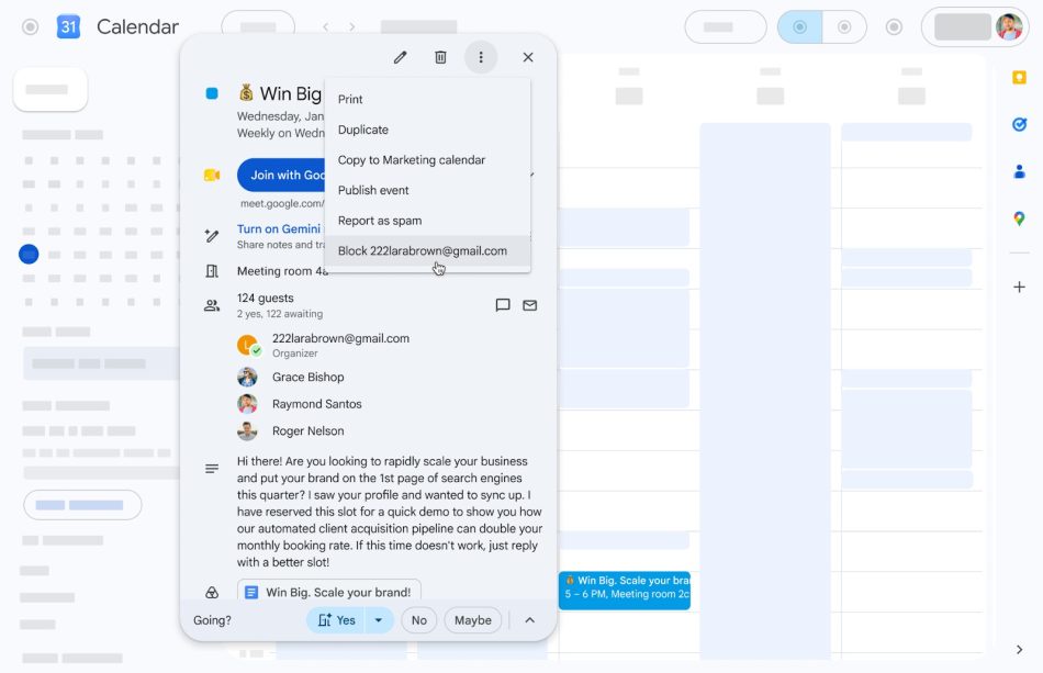 Image from: Google Calendar Membenarkan Pengguna Menyekat Jemputan Spam