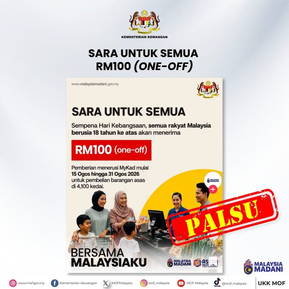 Image from: MOF Nafi Dakwaan Agihan SARA RM100 Sempena Hari Kebangsaan – Bahan Tular Tidak Sahih