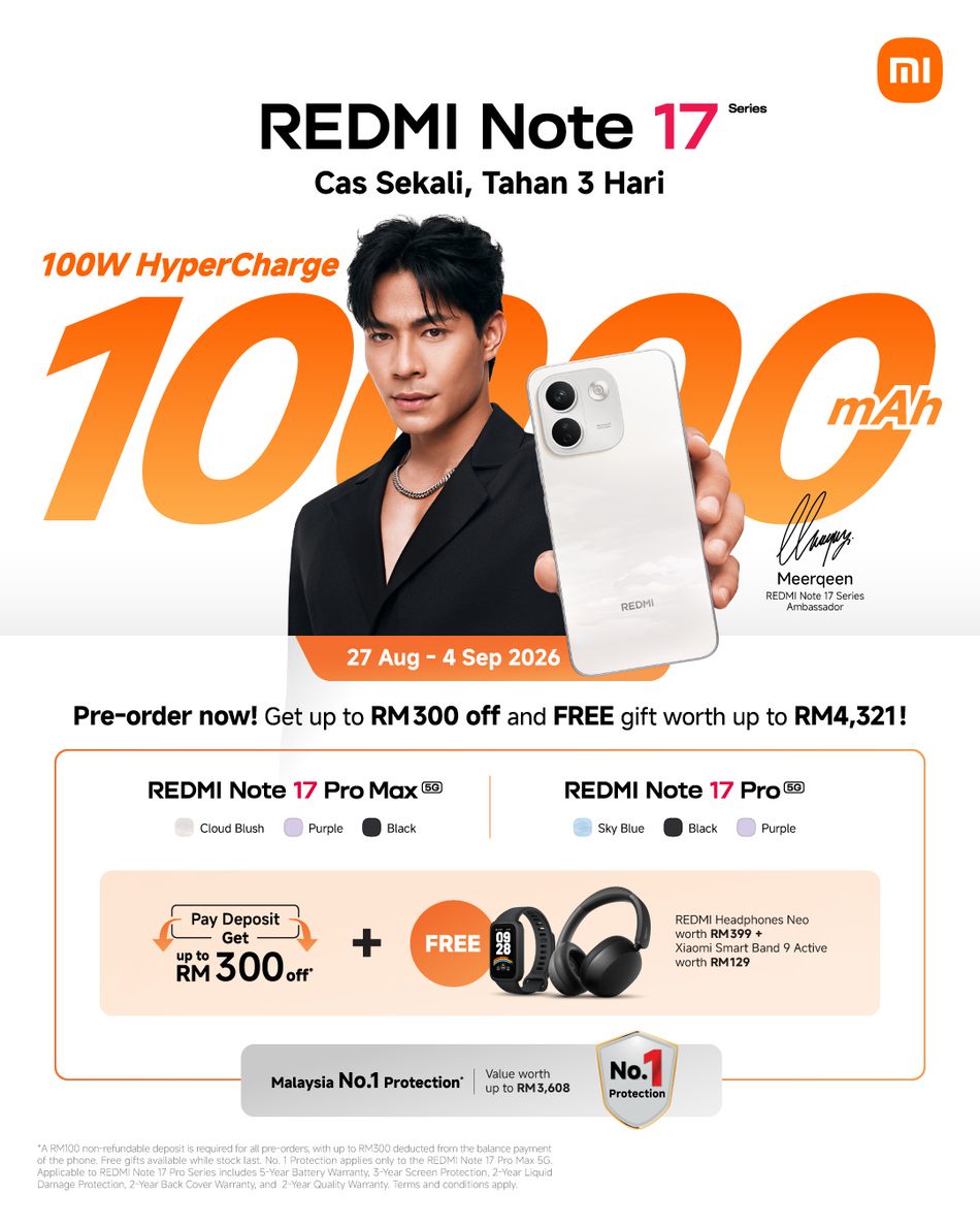 Image from: Redmi Note 17 Pro Max 5G Dilancarkan – Bateri 10,000mAh Dan Pengecasan Pantas 100W
