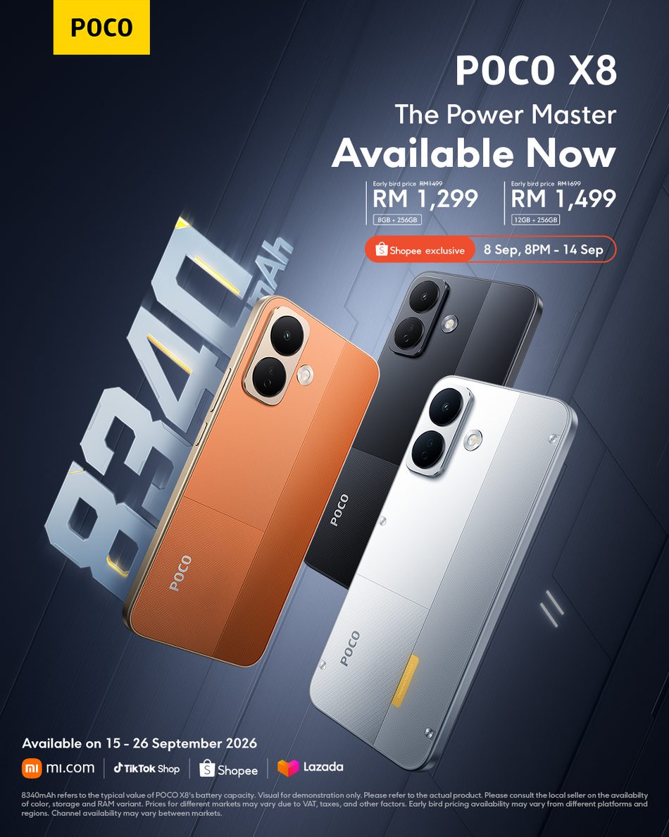 Image from: Poco X8 Rasmi Dengan Snapdragon 6s Gen 4 Dan Bateri 8340mAh – Harga Bermula RM1299