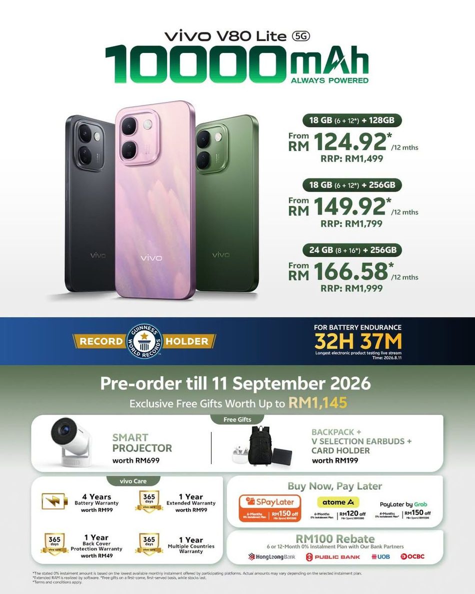 Image from: Vivo V80 Lite 5G Dilancarkan Dengan Bateri 10,000mAh Pada Harga Bermula RM1499