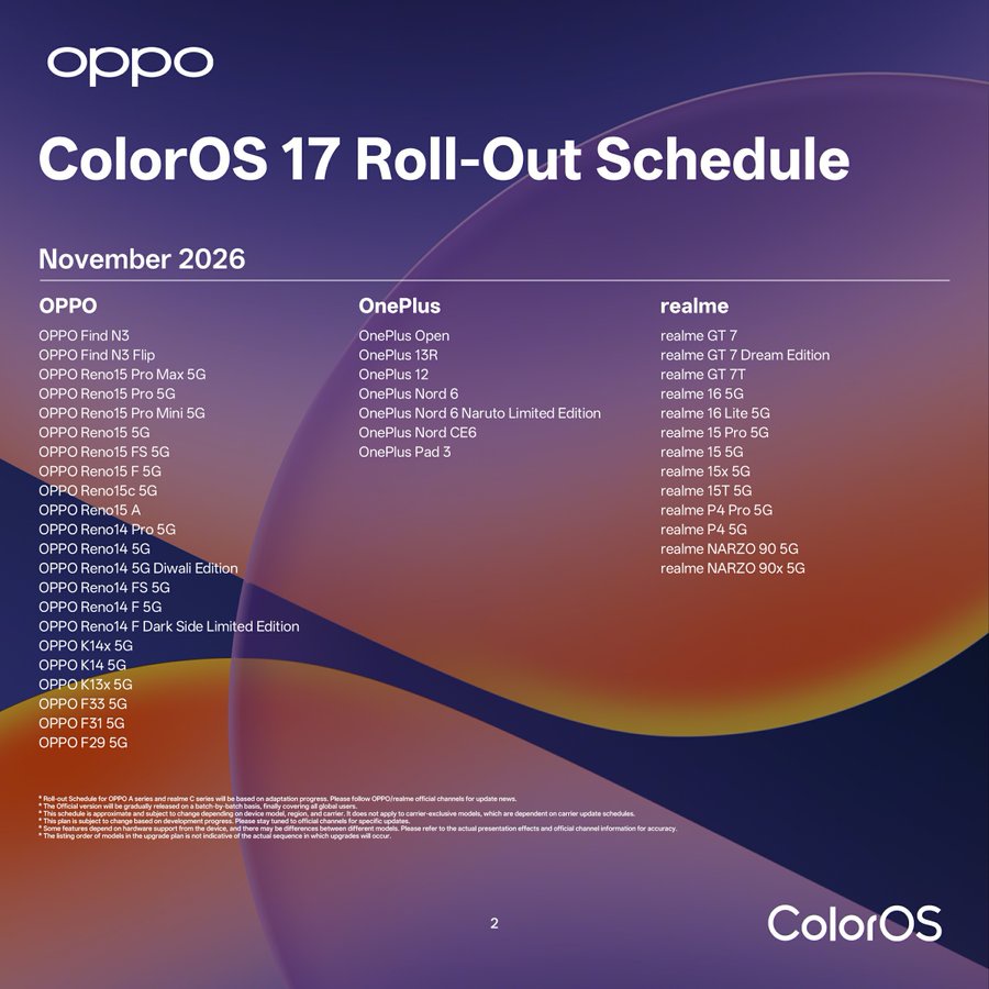 Image from: Ini Adalah Jadual Kemas Kini ColorOS 17 Untuk Peranti Realme Dan OnePlus