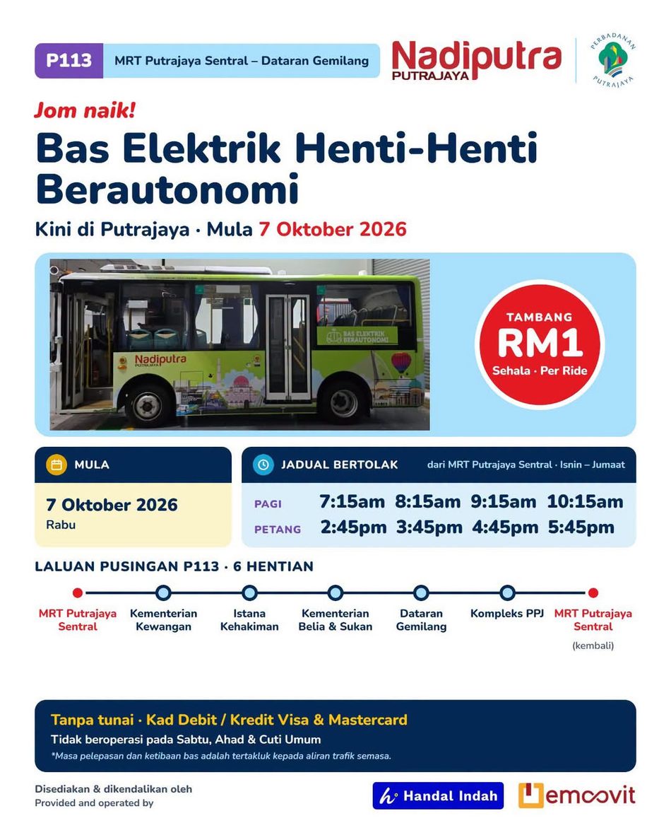 Image from: Perkhidmatan Bas Elektrik Tanpa Pemandu Di Putrajaya Bermula Esok – Tambang RM1 Sehala Dengan 6 Hentian Utama