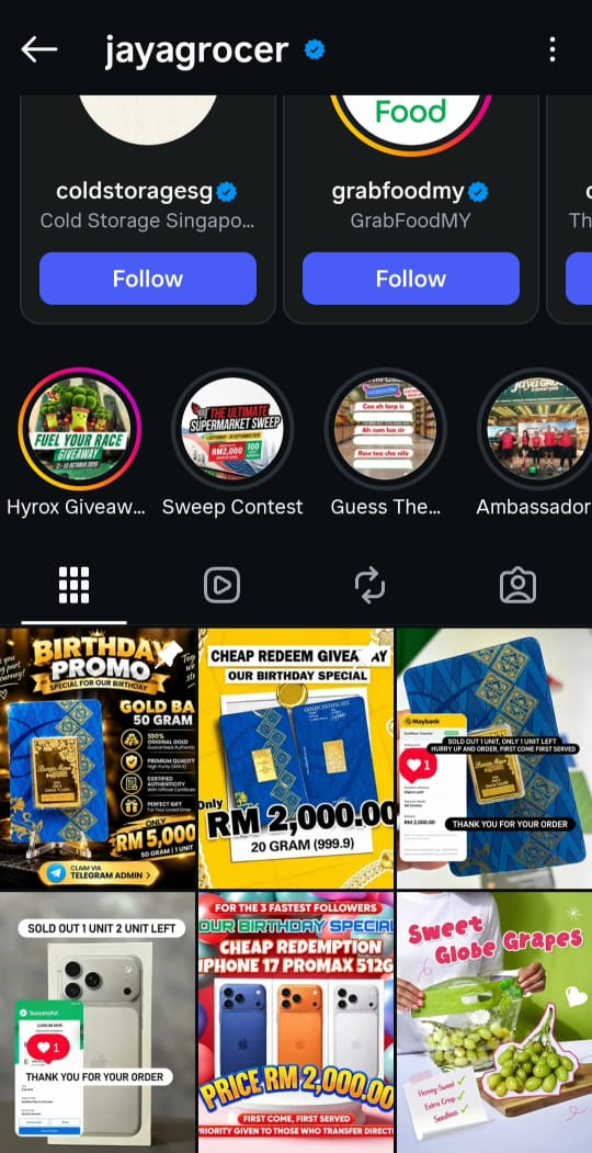 Image from: Akaun Instagram Jaya Grocer Digodam – Promosi Emas Dan Peranti Pintar Adalah Palsu