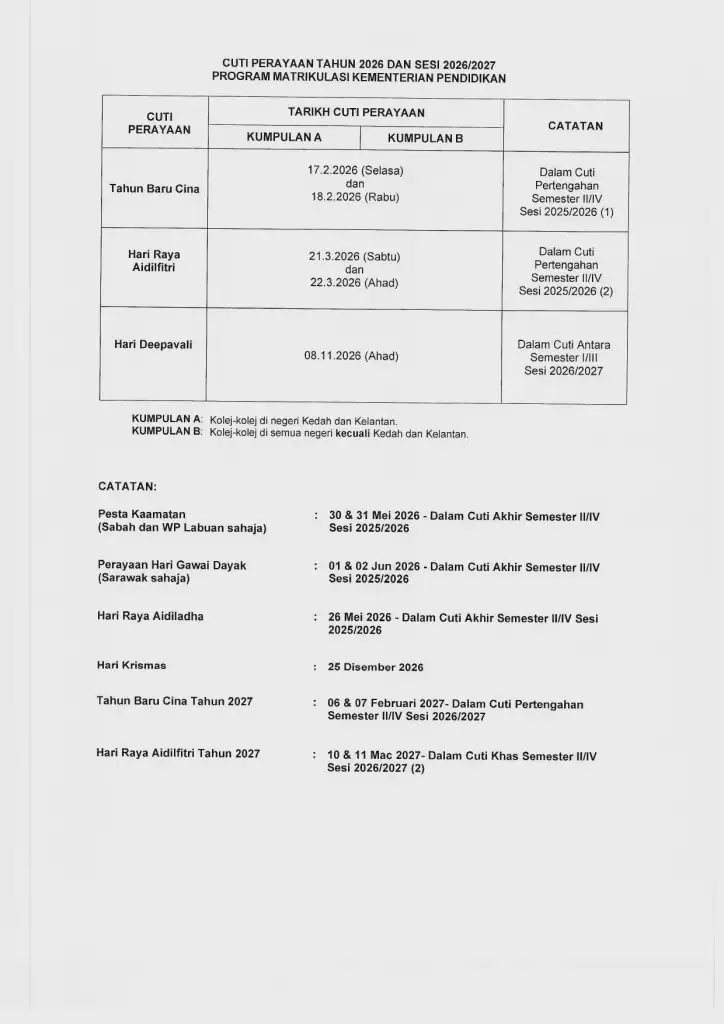Image from: Cuti Semester Matrikulasi 2026, Takwim & Tarikh Peperiksaan