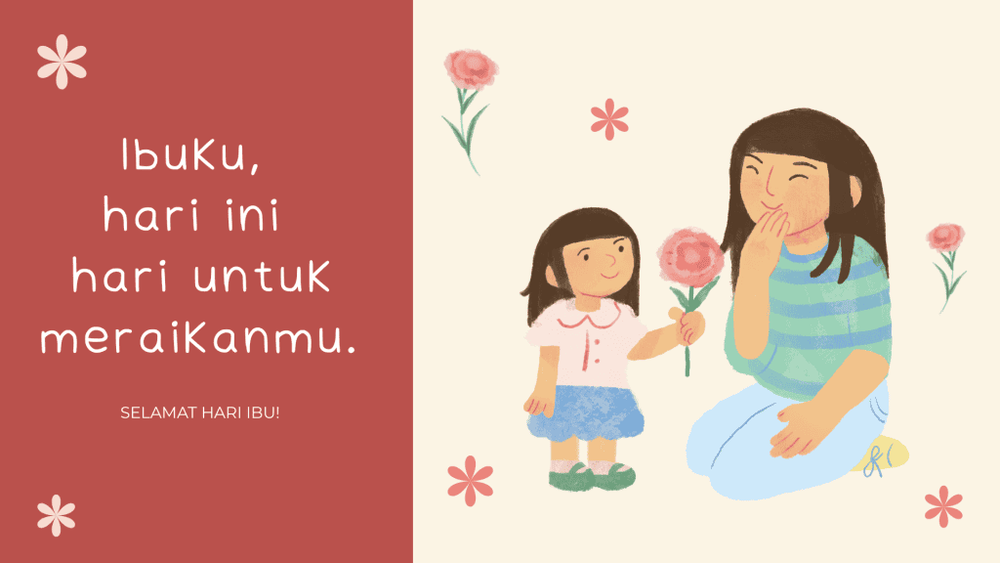 Poster Selamat Hari Ibu dengan ilustrasi comel.
