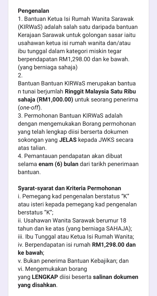 Bantuan Ketua Isi Rumah Wanita Sarawak kirwas