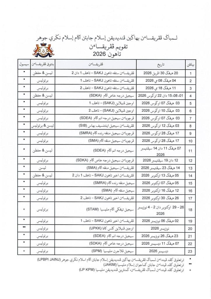 Image from: Jadual Peperiksaan Sijil Darjah Enam Agama SDEA Negeri Johor 2026