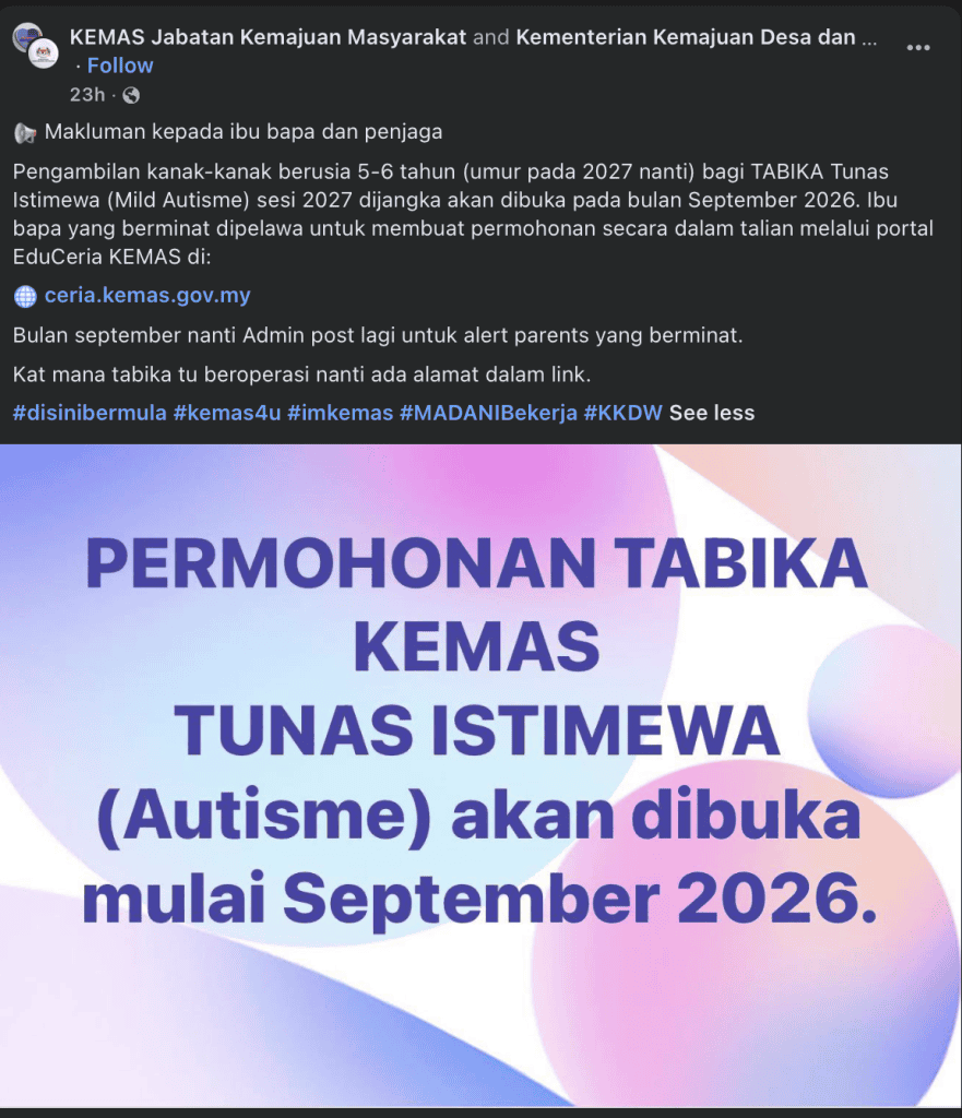 Image from: Tabika Tunas Istimewa (Tabika Autisme KEMAS) – Senarai & Tarikh Permohonan 2027