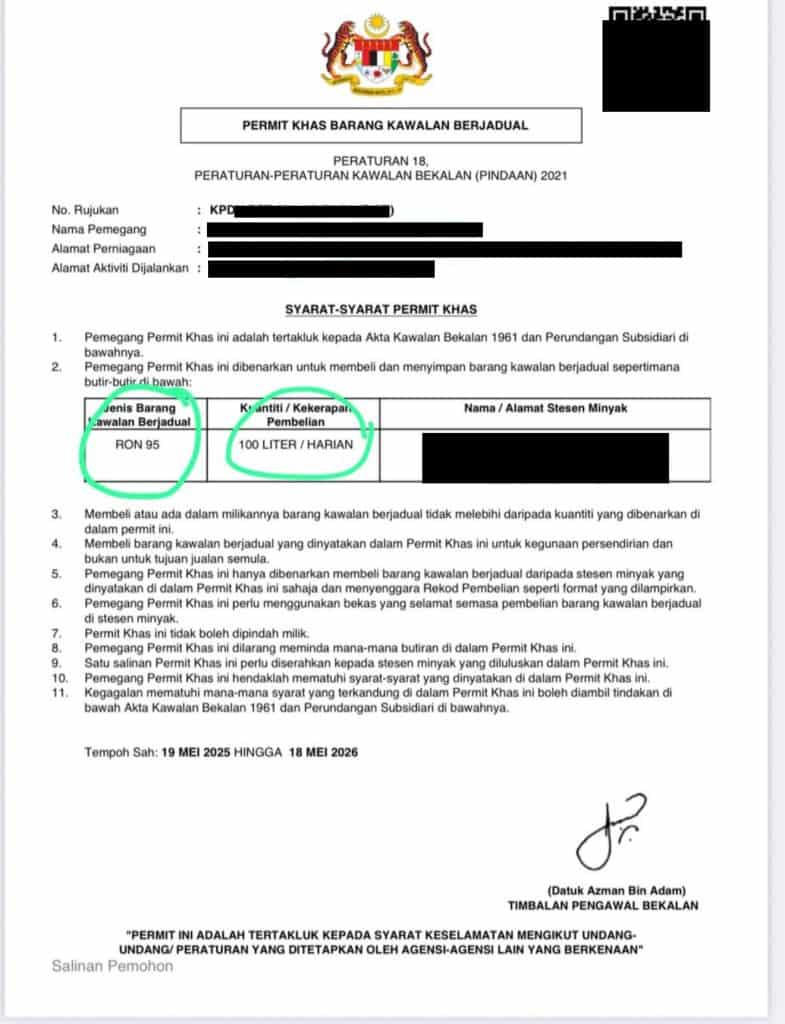 Image from: Permit Khas Petrol / Diesel: Siapa Layak & Cara Permohonan