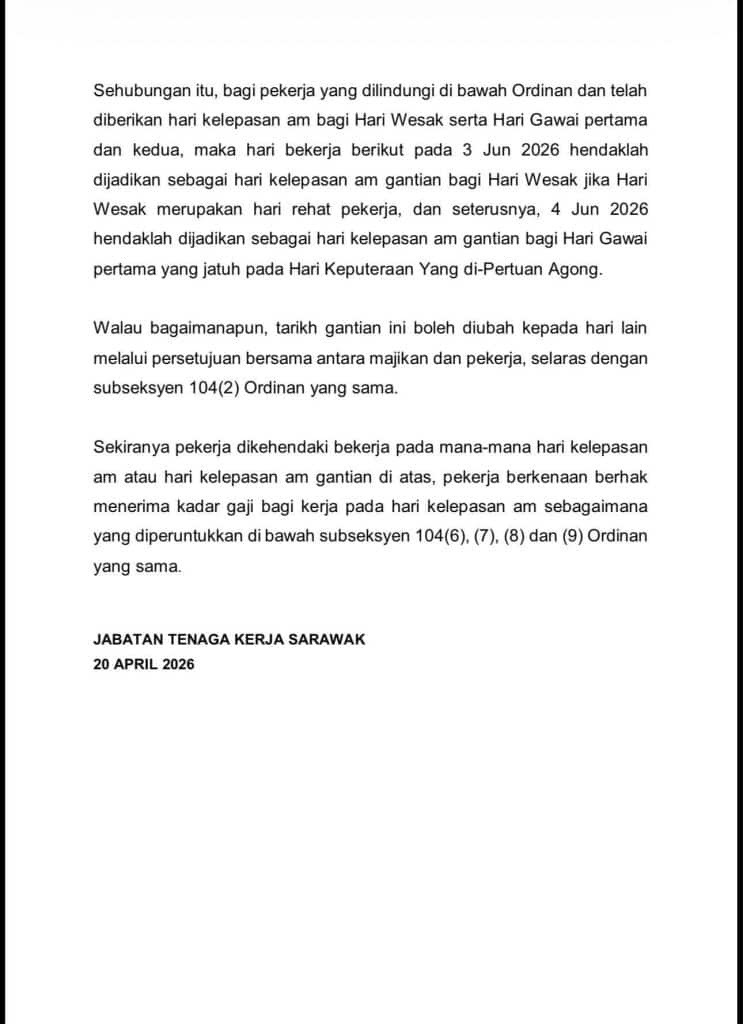 Image from: Pertindihan Cuti Hari Wesak, Hari Keputeraan Agong & Gawai 2026
