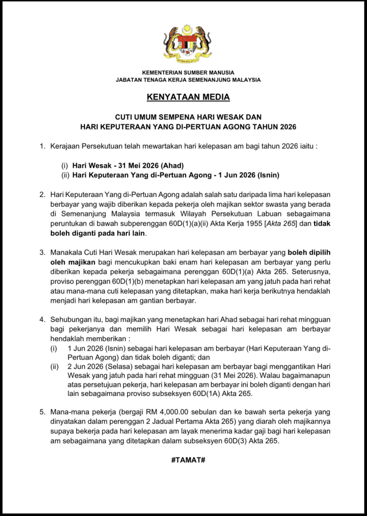Cuti Umum Hari Wesak & Hari Keputeraan Yang Di-Pertuan Agong 2026 (Semenanjung) 