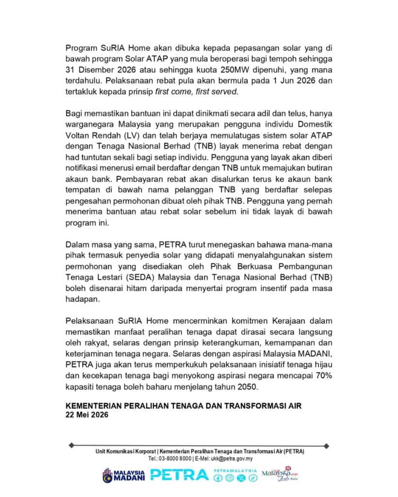 Image from: SuRIA Home: Rebat Solar Bumbung Kediaman Sehingga RM3,000
