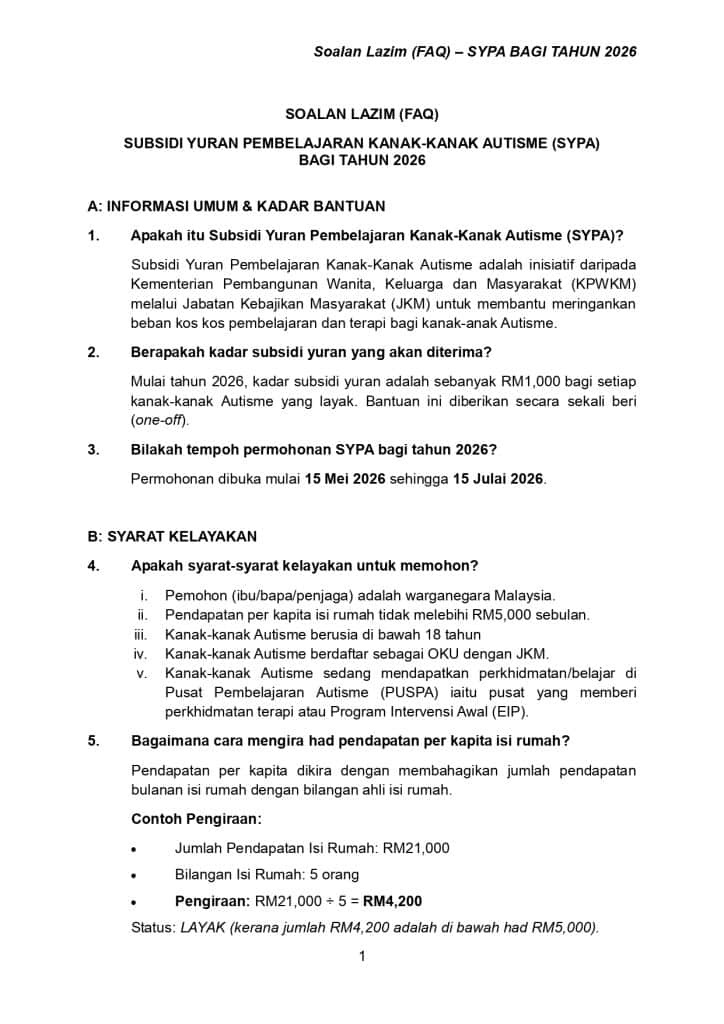 Image from: Permohonan Subsidi Anak Autisme 2026 – Yuran Pembelajaran