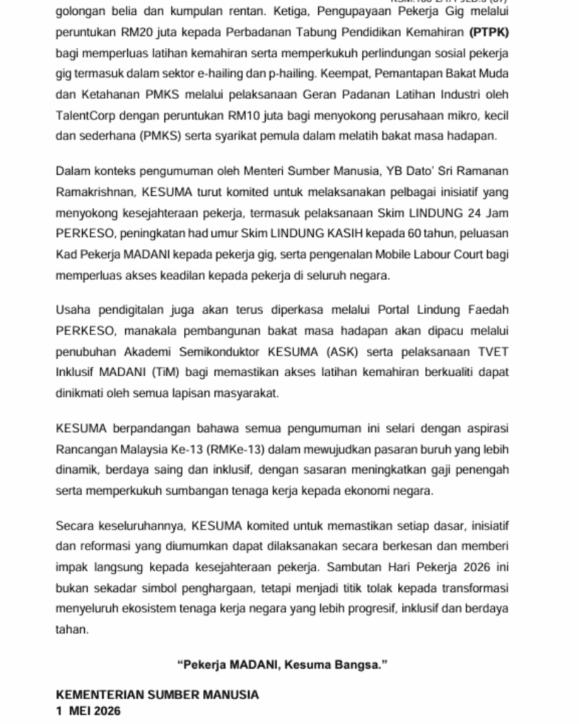 Inisiatif PERKESO 2026 Sempena Hari Pekerja