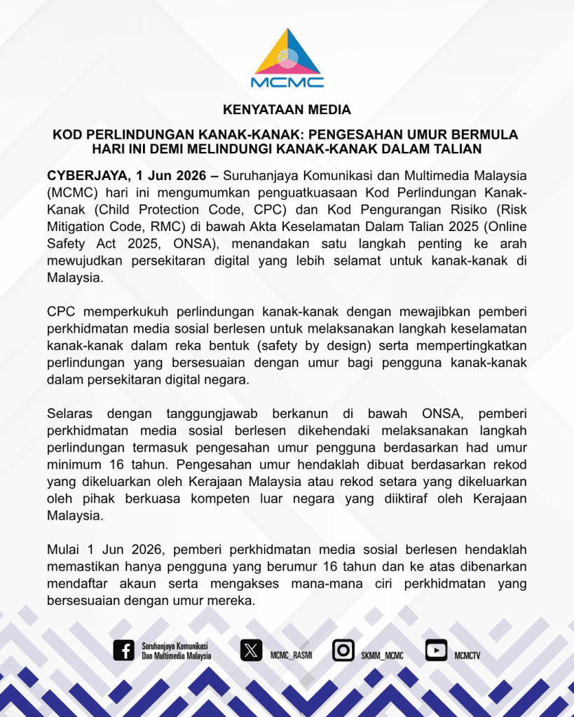 kenyataan media pengesahan umur bawah 16 tahun 