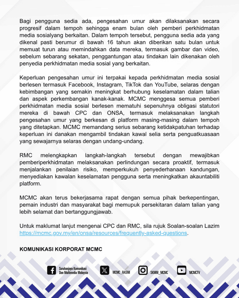 kenyataan media pengesahan umur bawah 16 tahun 