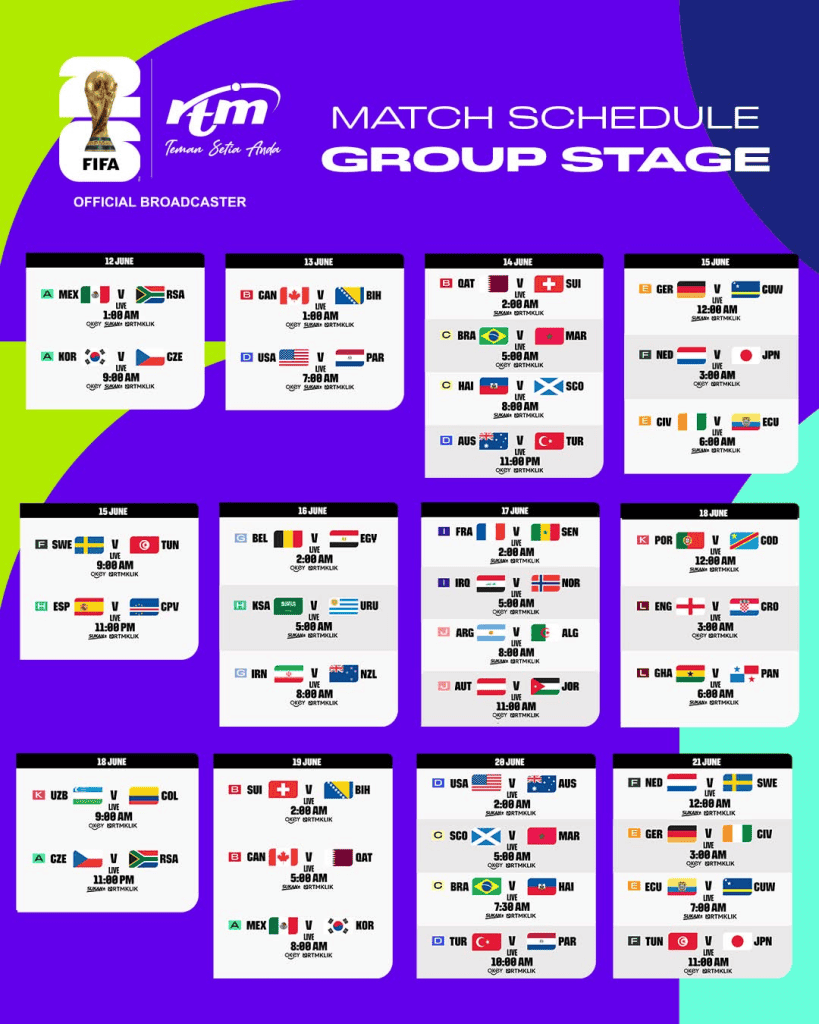 JADUAL LIVE PIALA DUNIA FIFA 2026 RTM