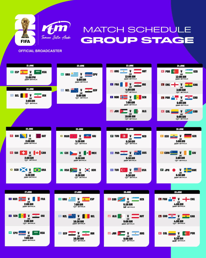 JADUAL LIVE PIALA DUNIA FIFA 2026 RTM