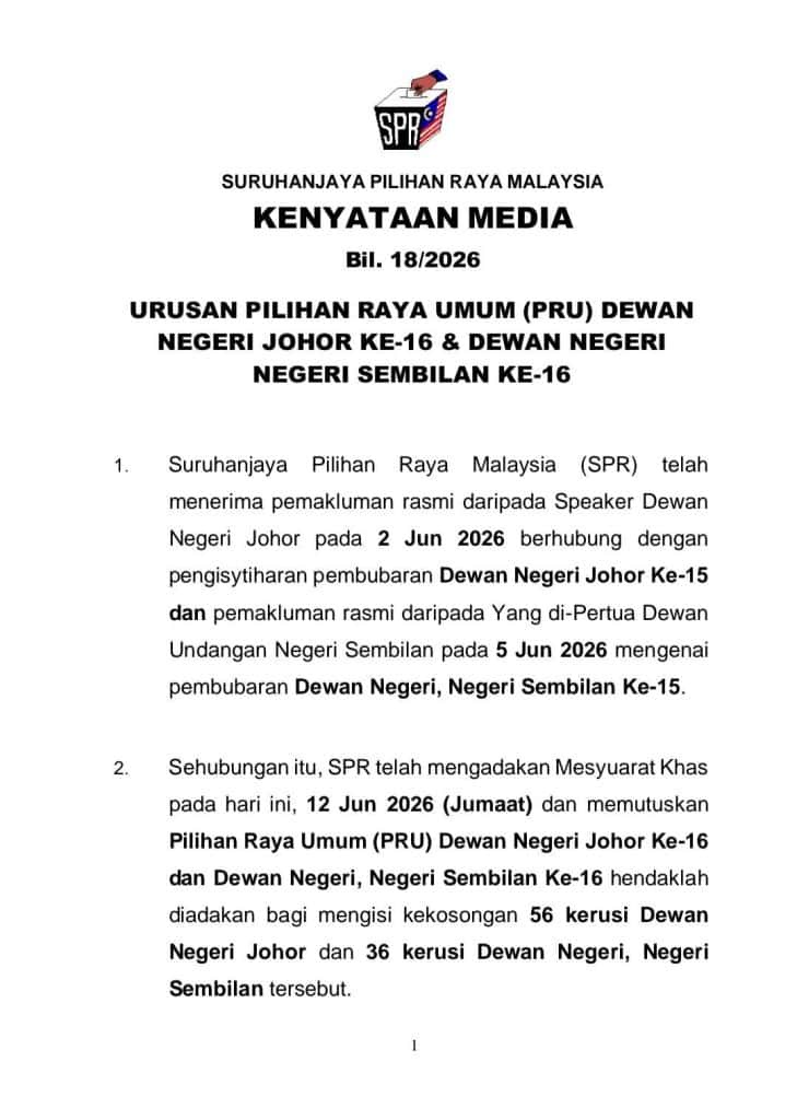 Image from: PRN Negeri Sembilan Sah 1 Ogos! Ini Tarikh Penamaan Calon Dan Hari Mengundi