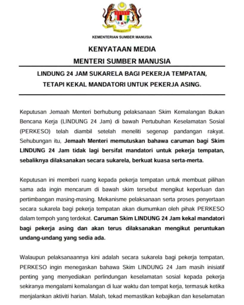 LINDUNG 24 Jam Tidak Lagi Mandatori untuk Pekerja Tempatan, Pekerja Asing Kekal Diwajibkan 1