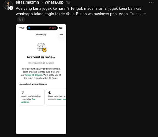 Image from: Whatsapp Kena Block? ? Ramai Pengguna Panik Hari Ini