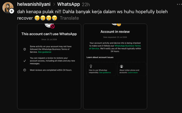 Image from: Whatsapp Kena Block? ? Ramai Pengguna Panik Hari Ini
