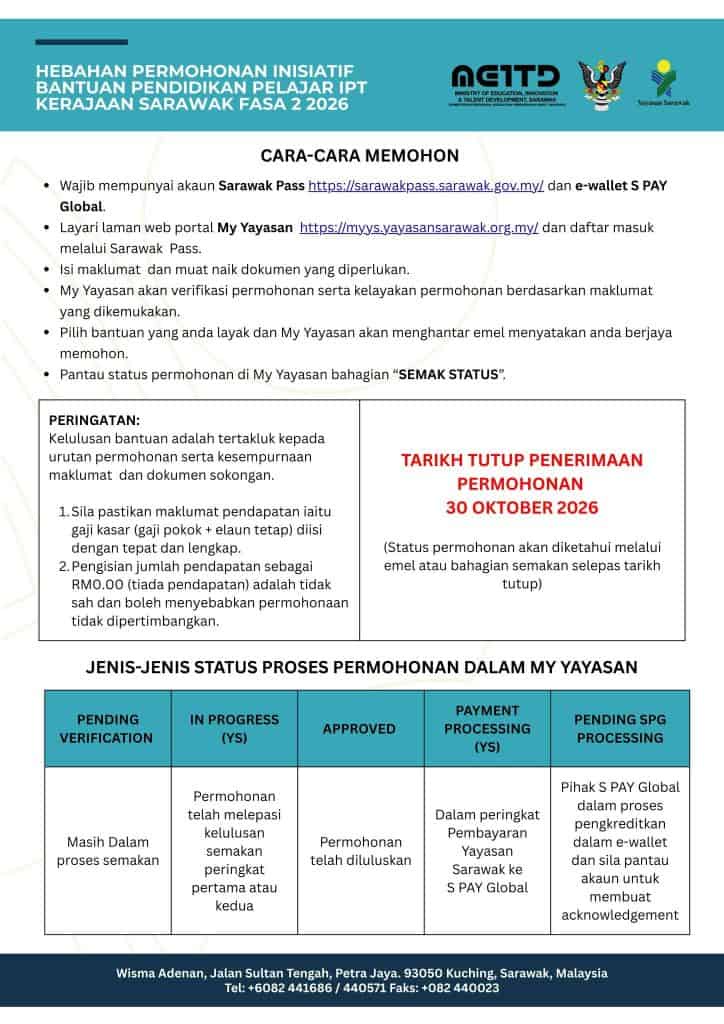 Bantuan Pendidikan Pelajar IPT Kerajaan Sarawak Fasa 2 (30 Sept - 30 Okt 2026)