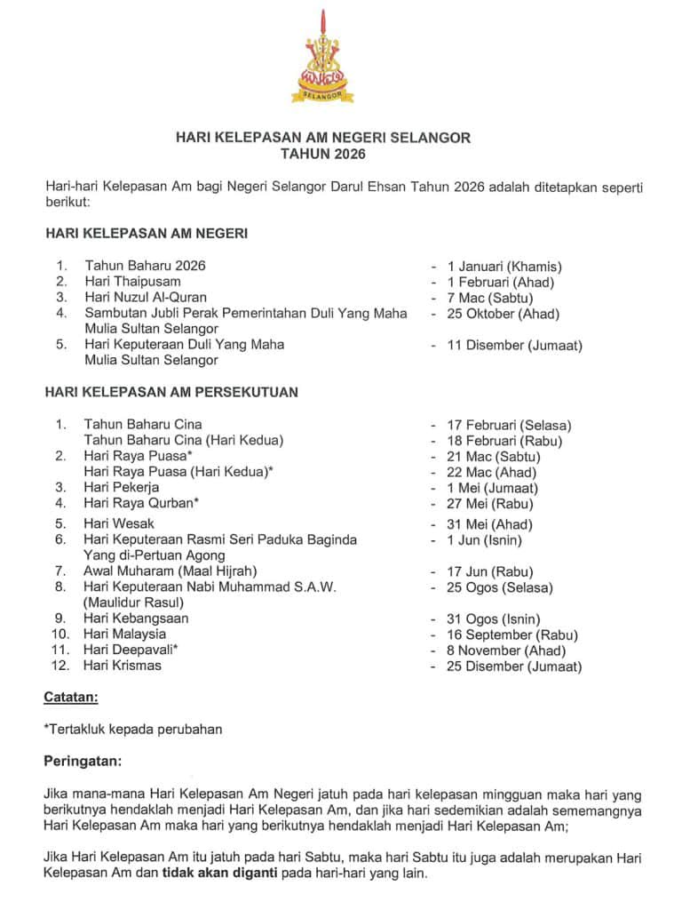 Image from: Selangor Cuti 25 Oktober 2026 Sempena Sambutan Jubli Perak 25 Tahun Pemerintahan Sultan Selangor
