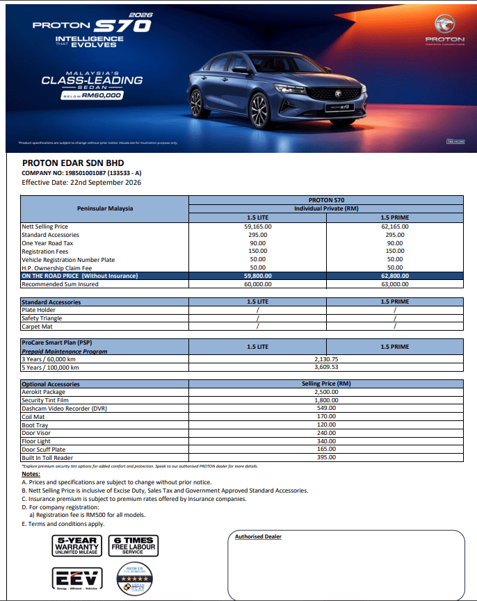 Image from: Proton S70 Baru 2026 Dah Launch! Ini Gambar, Harga Rasmi S70 Lite & Prime
