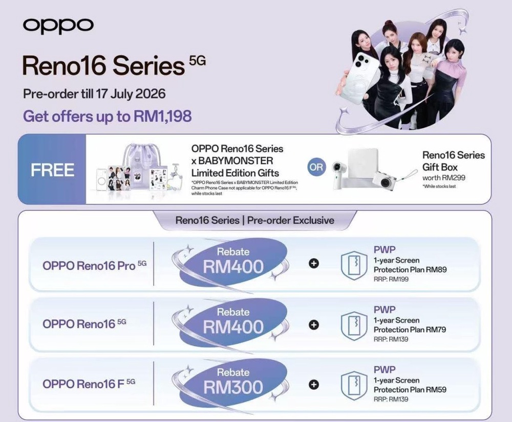 Image from: Siri Oppo Reno 16 bakal dilancar 8 Julai, tempahan dibuka bersama hadiah eksklusif BABYMONSTER