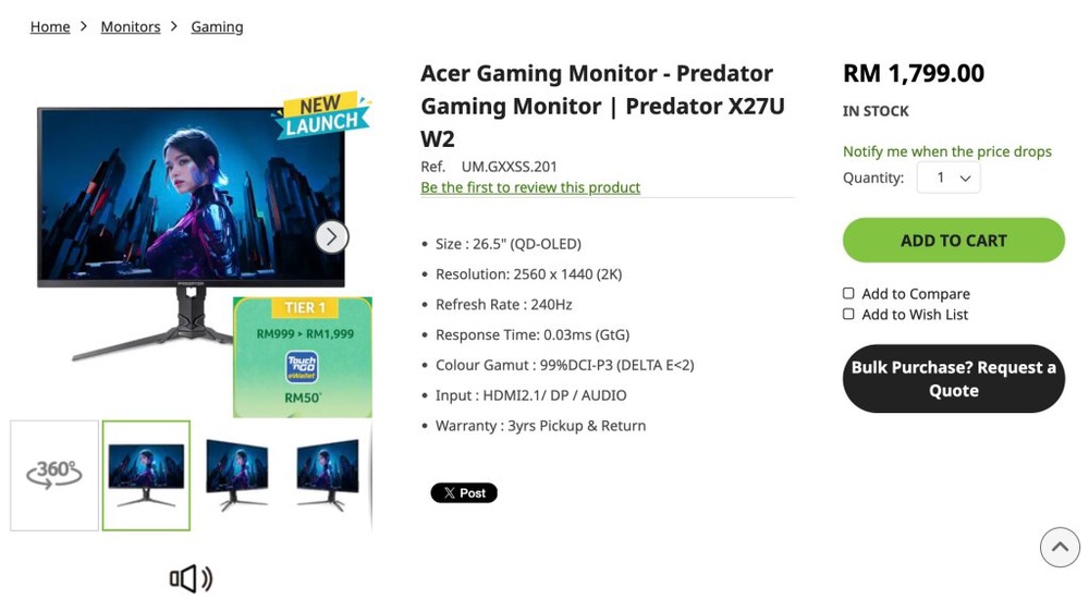 Image from: Acer Predator X27U W2 dilancar di Malaysia: Monitor QD-OLED 240Hz pada harga lebih murah