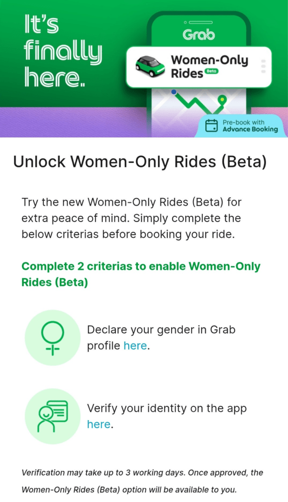 Image from: Pengguna wanita dah boleh guna Grab ‘Women-Only Rides (Beta)’