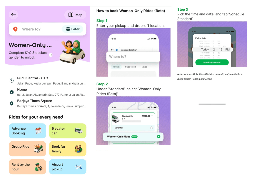 Image from: Pengguna wanita dah boleh guna Grab ‘Women-Only Rides (Beta)’