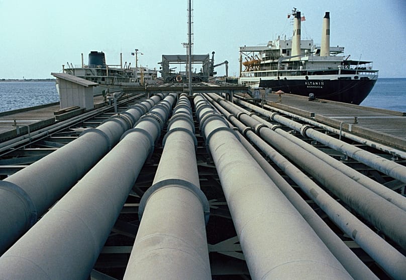 A view of the pipes and a tanker on Kharg jetty in Iran, July, 1971 