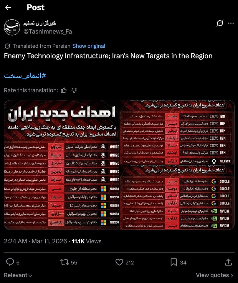 A screenshot from Tasnim's X account that lists several Big Tech targets in the Middle East. 