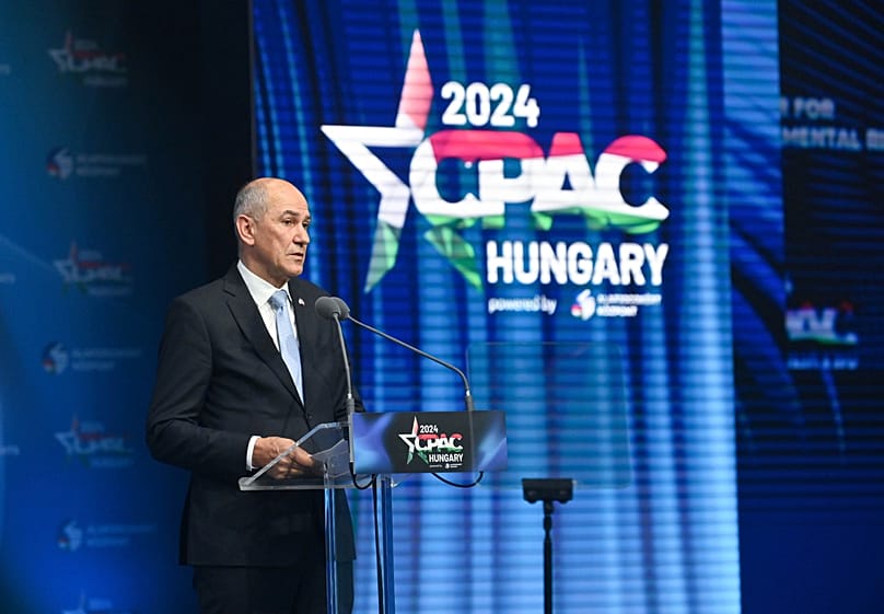 President of the Slovenian Democratic Party and former Prime Minister of Slovenia Janez Janša speaks in Budapest, 25 April, 2024