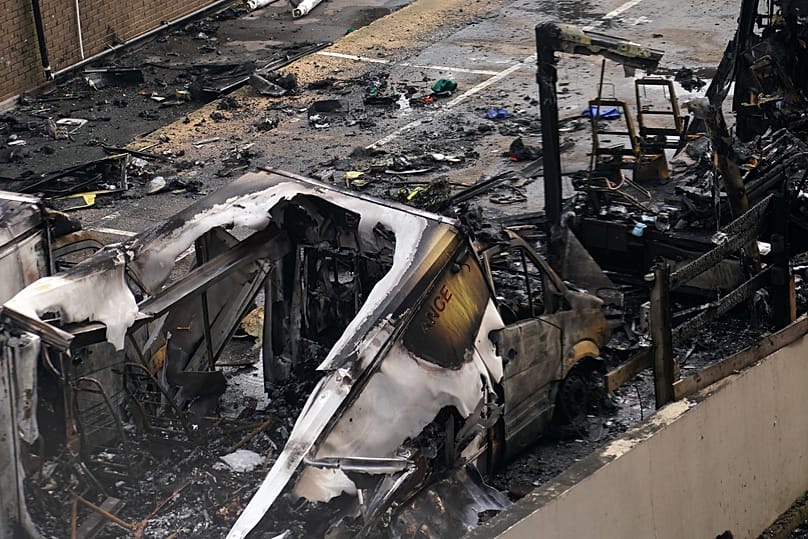 View of burnt ambulances in a car park at Golders Green in London, 23 March, 2026